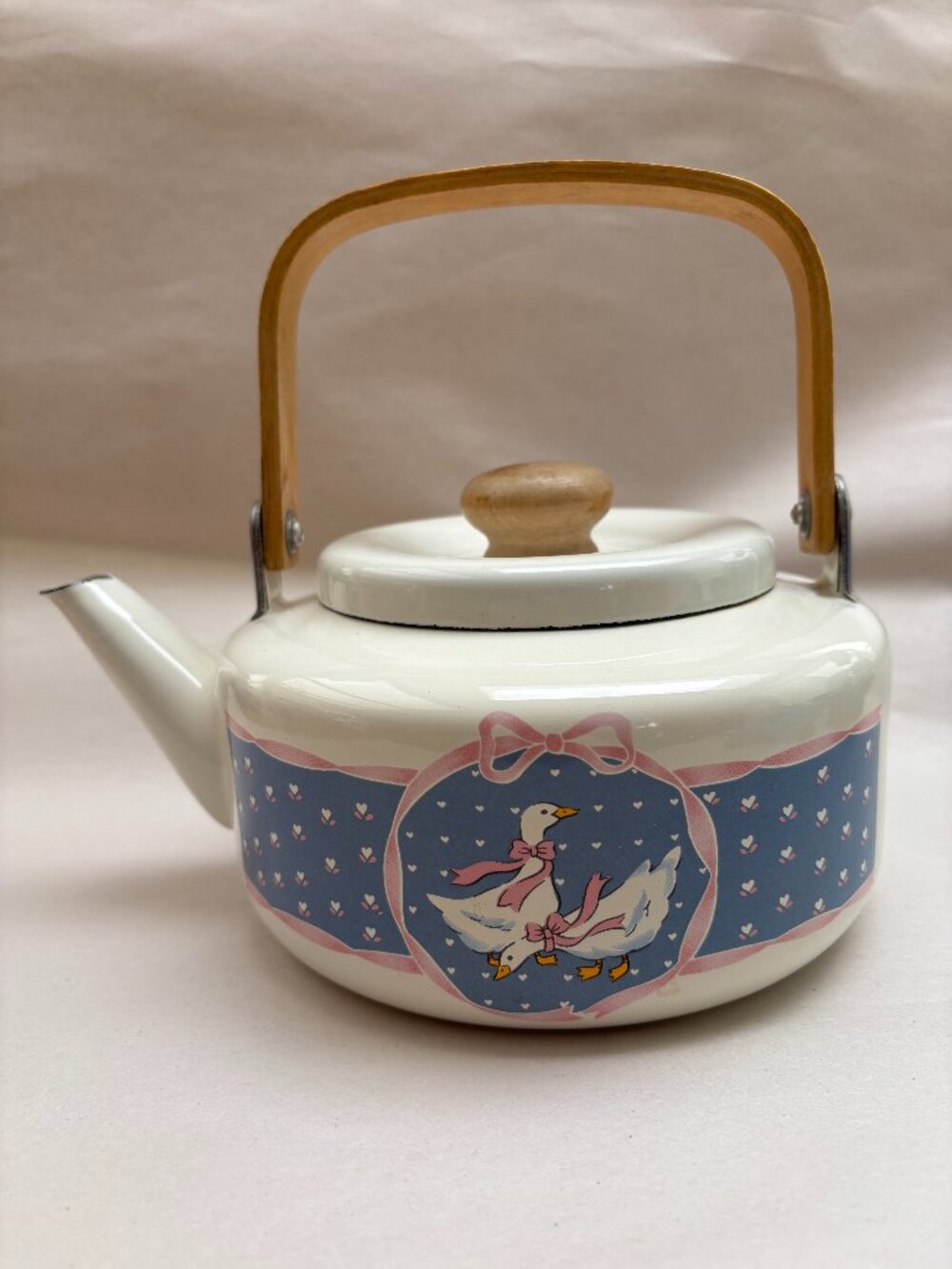Vintage Enamelware Goose + Ribbon Teapot